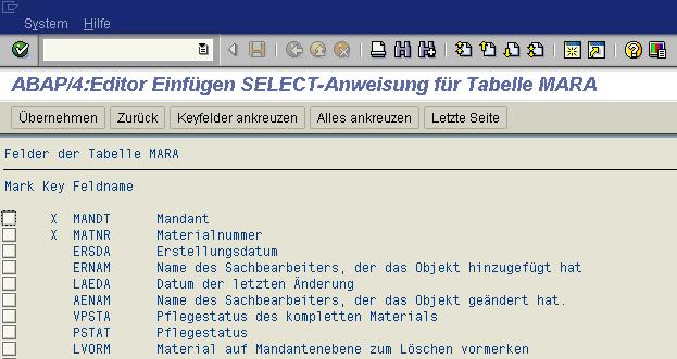 SELECT-Befehl mit Anzeige aller Tabellenfelder