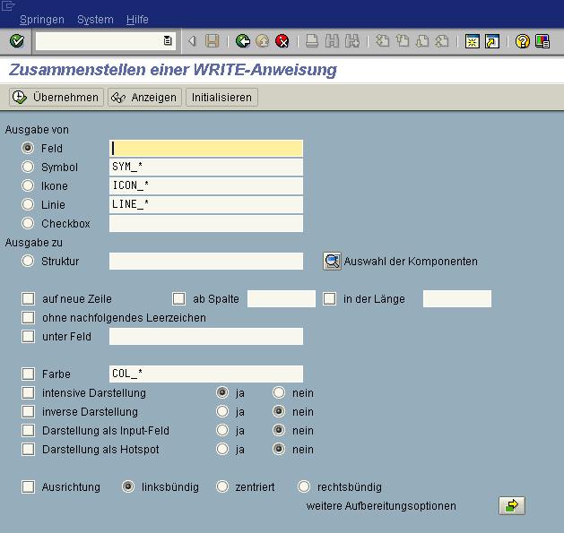 Einfügen eines WRITE-Befehles mit allen Optionen