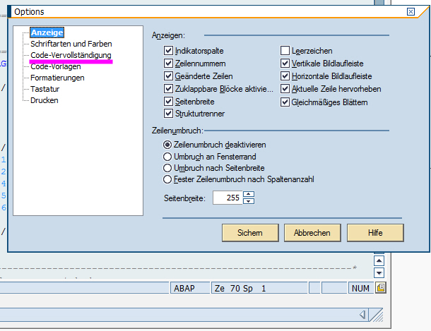 ABAP Editor Bereich Code vervollständigen