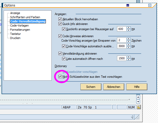 ABAP Editor, Code-vervollständigen: Nicht-Schlüsselwörter aus Text vorschlagen